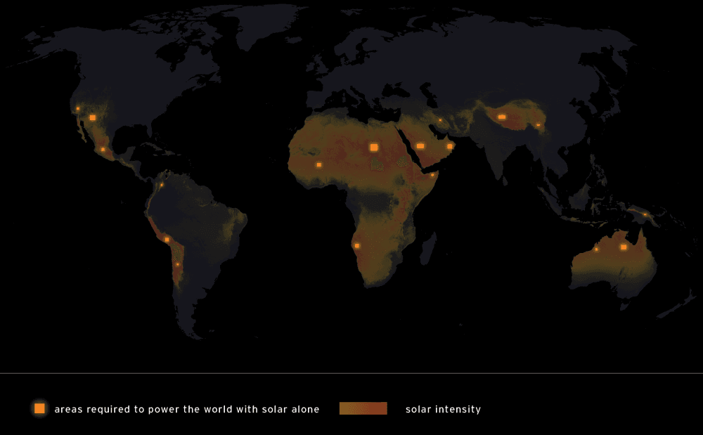 Area to Power the world with Solar Alone, underlying solar irradiance. map with key